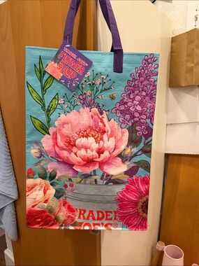 Trader Joe's Floral Blue Tote Bag with Purple Handles